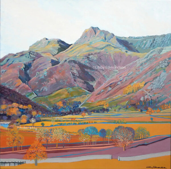 Art print by Lake District artist Libby Edmondson of Autumn in Langdale - a view from the Langdale Valley looking up to the Langdale Pikes near Ambleside