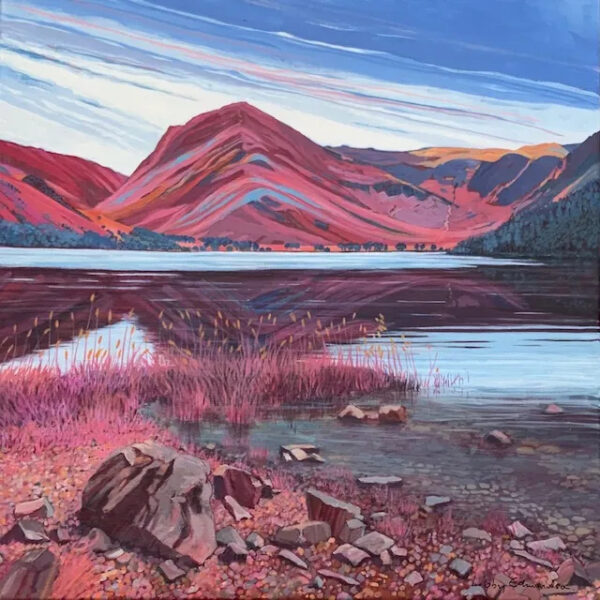 Art print by Lake District artist Libby Edmondson of Fleetwith from Buttermere in bright pike and blue tones with Haystacks off to the right
