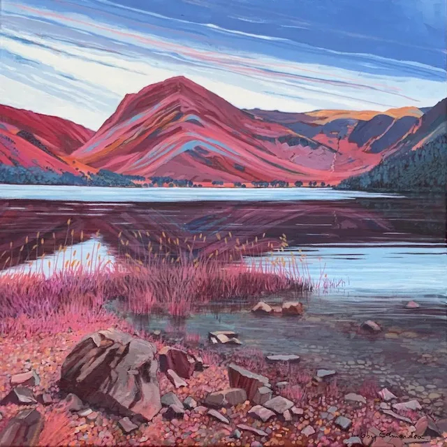 Libby Edmondson Fleetwith From Buttermere Art print by Lake District artist Libby Edmondson of Fleetwith from Buttermere in bright pike and blue tones with Haystacks off to the right