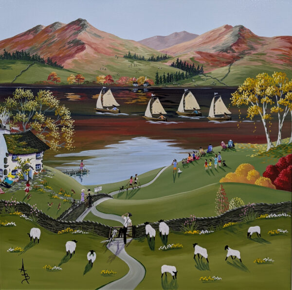 Watching the Race original acrylic painting by Anne Blundell inspired by the Lake District