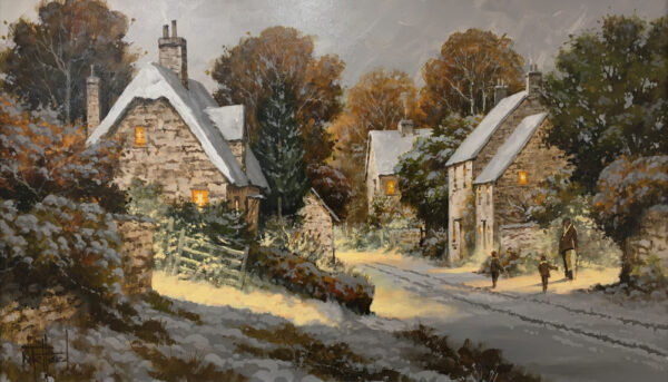 the warmth is welcoming a charming snowy coutryside scene by richard telford