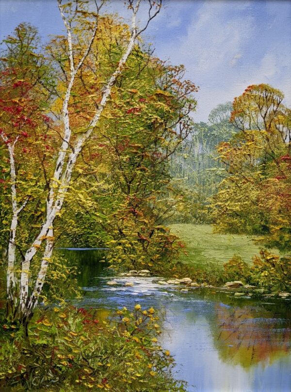 Turning Seasons an original oil painting by Terry Evans. A beautiful Autumn painting with his impasto style adding a sculptural aspect to the painting.