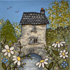 original acrylic on canvas artwork by janice mcgloine featuring the famous landmark the bridge house in ambleside with blue skies and daisies in the foregroudn