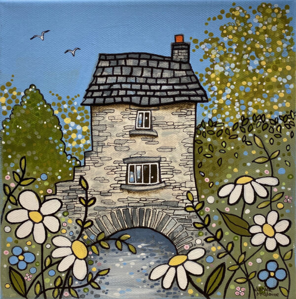 original acrylic on canvas artwork by janice mcgloine featuring the famous landmark the bridge house in ambleside with blue skies and daisies in the foregroudn