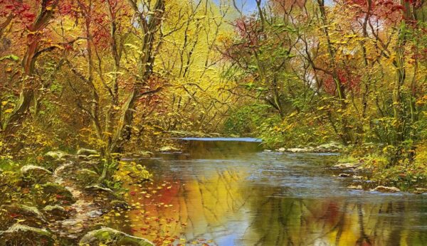 An original oil painting by Terry Evans of an autumnal river scene. The water ripples on the river between the trees with the warm autumn leaves. The colours are reflected from the trees onto the water. His impasto style adds a sculptural aspect to the painting.