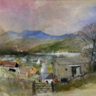 original watercolour artwork by tony lees picturing a serene view over windermere in the lake district with old cottages and farm buildings with coniston mountains in the background