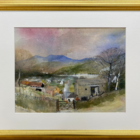 original watercolour artwork by tony lees picturing a serene view over windermere in the lake district with old cottages and farm buildings with coniston mountains in the background