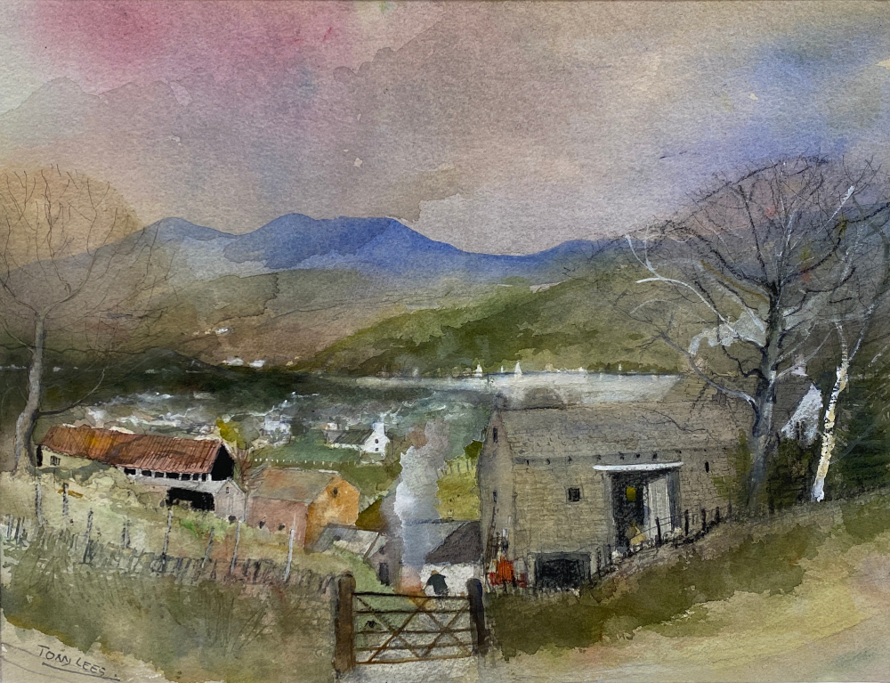Tony Lees - Across Windermere original watercolour artwork by tony lees picturing a serene view over windermere in the lake district with old cottages and farm buildings with coniston mountains in the background
