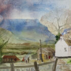 Tony Lees watercolour painting of ingleborough in yorkshire featuring old farm cottage farmers and a bonfire with the countryside as a background