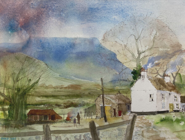 Tony Lees watercolour painting of ingleborough in yorkshire featuring old farm cottage farmers and a bonfire with the countryside as a background