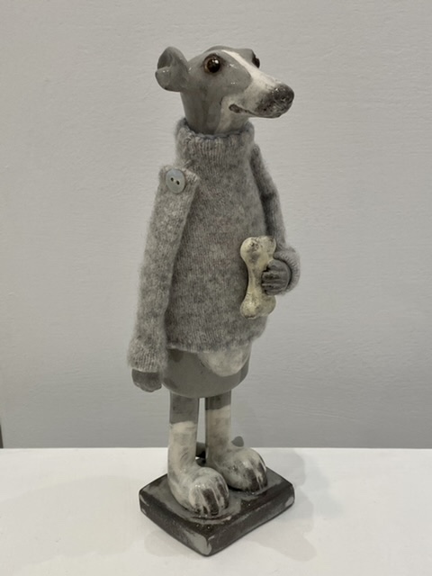 Ceramic Grey Hound with Cashmere Jumper and Bone by Gwen Vaughan