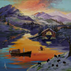 An original acrylic painting by Anne Blundell inspired by a boathouse on a lake in the Lake District. the brightly coloured sunset above reflects onto the lake below over the hills. Herdwick sheep can be seen along the lakeside in the snow. Two boats are seen on the water with people waving at them from the boathouse.