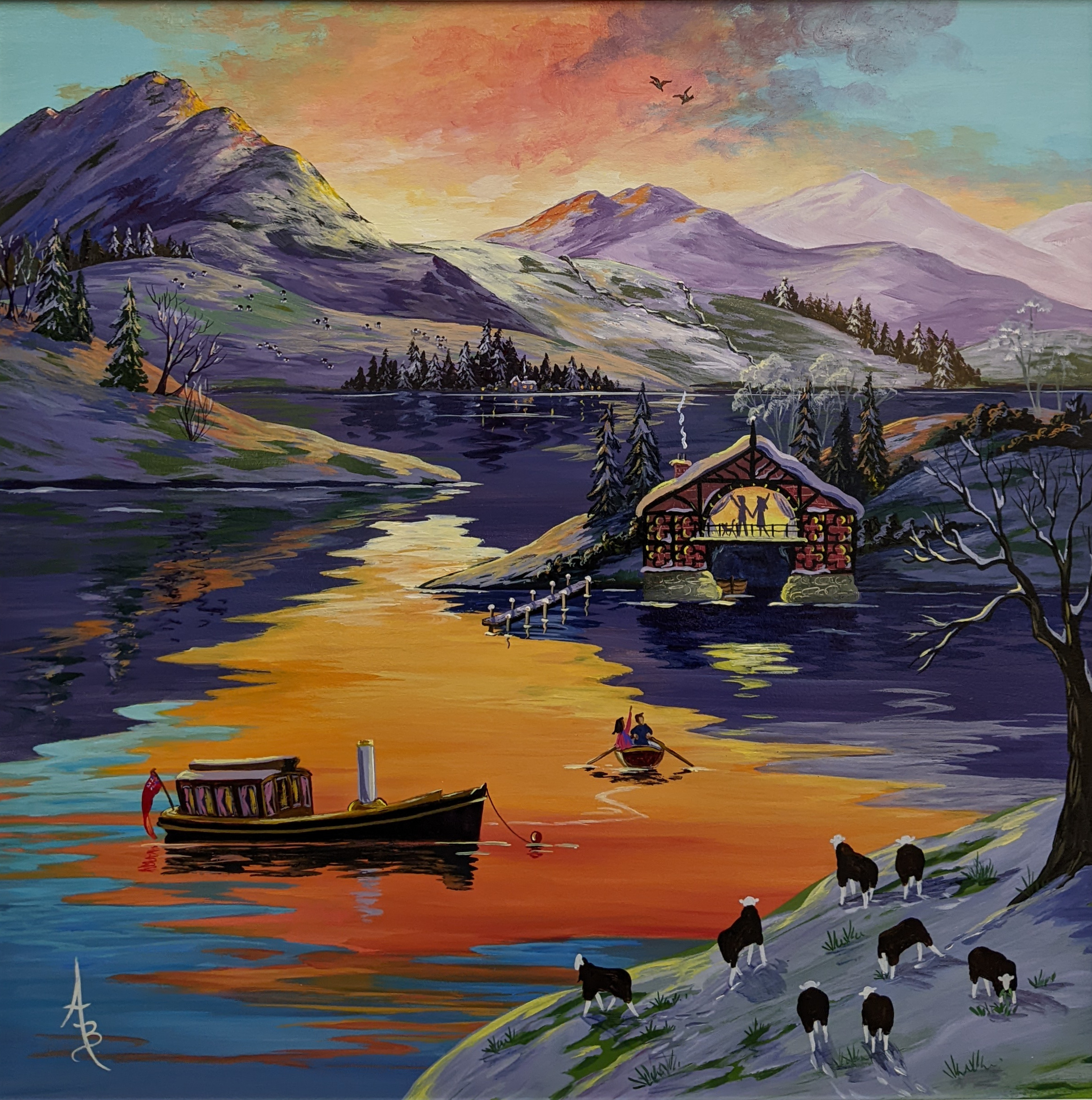 Snowy Visit to the Boathouse by Anne Blundell An original acrylic painting by Anne Blundell inspired by a boathouse on a lake in the Lake District. the brightly coloured sunset above reflects onto the lake below over the hills. Herdwick sheep can be seen along the lakeside in the snow. Two boats are seen on the water with people waving at them from the boathouse.
