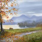 Print by Lake District artist Jeff Sudders. All the Time in the World Derwentwater. A couple on a bench overlooking the lake towards Catbells