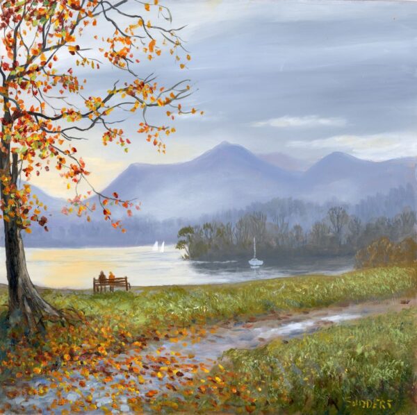 Print by Lake District artist Jeff Sudders. All the Time in the World Derwentwater. A couple on a bench overlooking the lake towards Catbells