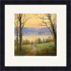Lake District art framed print Autumn by Derwentwater by Jeff Sudders. A couple walk towards the lake in autumn sunset scenery.