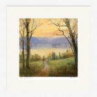 Lake District art framed print Autumn by Derwentwater by Jeff Sudders. A couple walk down to the lake with a sunset sky.