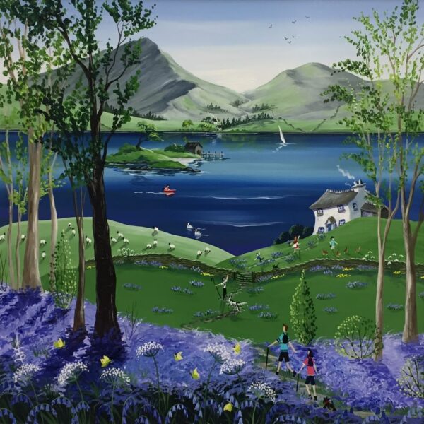 Bluebells and Brimstones original acrylic painting by Anne Blundell inspired by the Lake District in Spring.