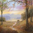 Print by Lake District artist Jeff Sudders. Evening by Derwentwater . A couple on a bench overlooking the lake towards Catbells