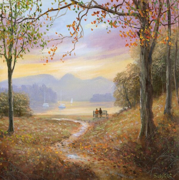 Print by Lake District artist Jeff Sudders. Evening by Derwentwater . A couple on a bench overlooking the lake towards Catbells