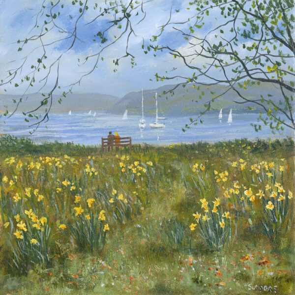 Lake District art print Spring at Waterhead by local artist Jeff Sudders. A couple sit at the edge of Windermere lake amongst daffodils. The sky is blue and there are sailing boats on the lake.