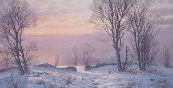 Edge of a Wood a framed print of the Lake District by Robert Ritchie. A snowy winter scene with a lake way off in the distance