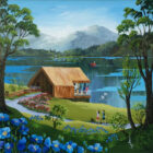 quirky landscape origijnal acrlylic painting of derwentwater in the lake district by anne blundell featuring bright flowers and serene boathouse