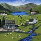 Little Langdale original acrylic painting by Anne Blundell inspired by the Lake District. A fun filled Spring scene with bluebells and Slaters Bridge