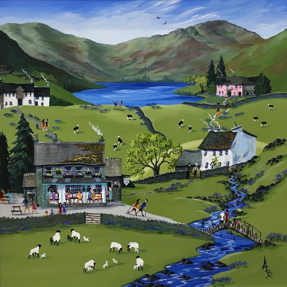 Little Langdale by Anne Blundell Little Langdale original acrylic painting by Anne Blundell inspired by the Lake District. A fun filled Spring scene with bluebells and Slaters Bridge