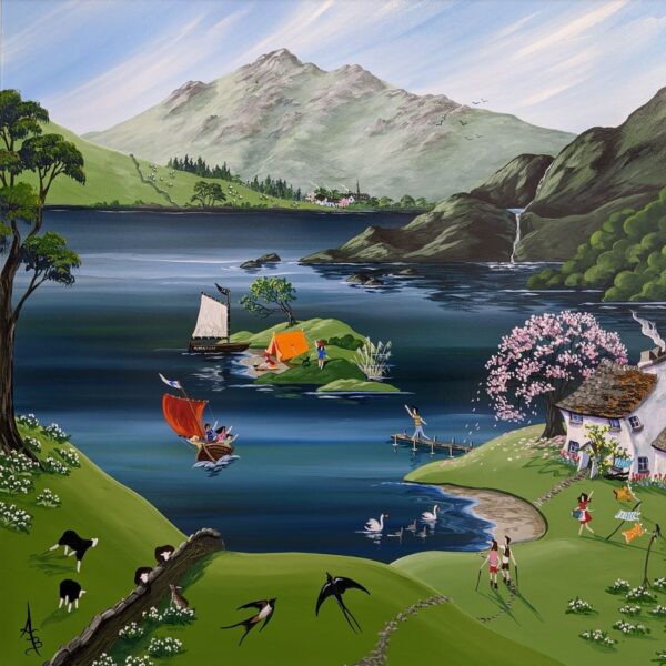 Swallows And Ramsons original acrylic painting by Anne Blundell inspired by the Lake District. A fun filled scene with a sailboat cherry blossom tree campers and hikers