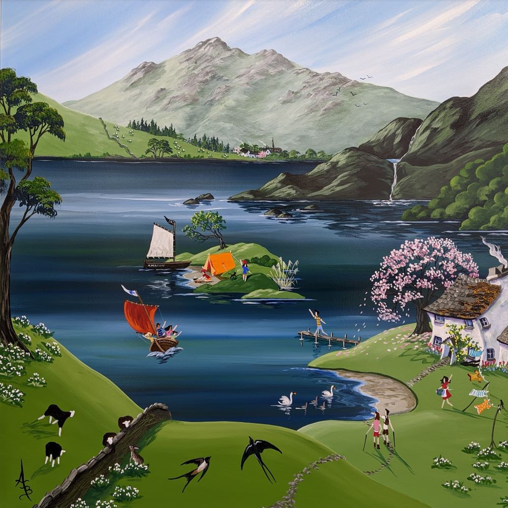 Swallows And Ramsons by Anne Blundell Swallows And Ramsons original acrylic painting by Anne Blundell inspired by the Lake District. A fun filled scene with a sailboat cherry blossom tree campers and hikers