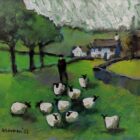 Original acrylic painting by David Alderman of Lakeland sheep being herded by a farmer with traditional farmhouse in the fields behind.