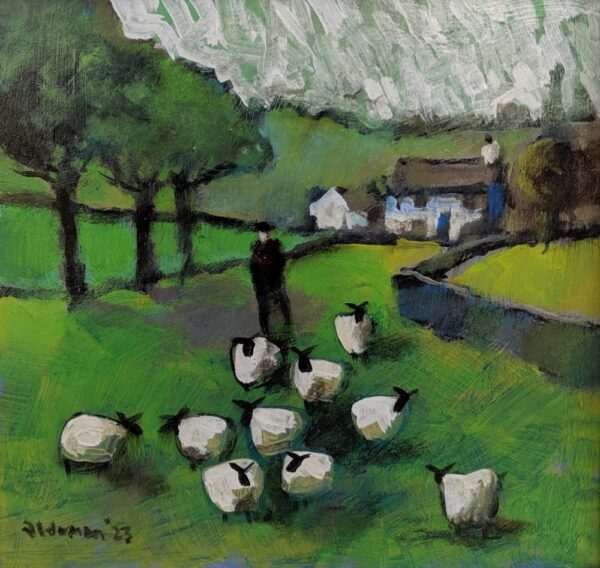 Original acrylic painting by David Alderman of Lakeland sheep being herded by a farmer with traditional farmhouse in the fields behind.