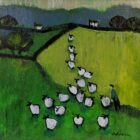An original acrylic painting by David Alderman of a flock of sheep travelling from one field to another showing green fields with farmhouses and mountains in the background.