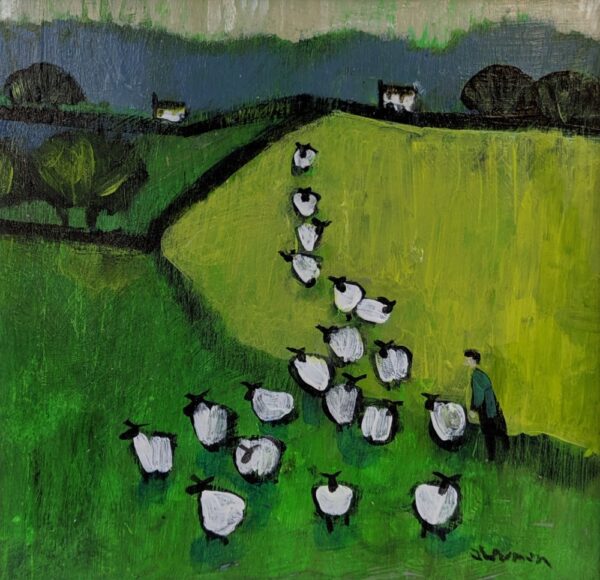 An original acrylic painting by David Alderman of a flock of sheep travelling from one field to another showing green fields with farmhouses and mountains in the background.