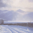 misty and snowy landscape painting of the mountains around crummock water in the lake district by robert ritchie
