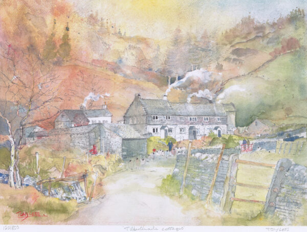 watercolour painting of old cottages in the lake district tilberthwaite near coniston little langdale by tony lees