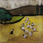 Original acrylic painting by David Alderman showing a sheepdog watching over a flock of Lakeland sheep