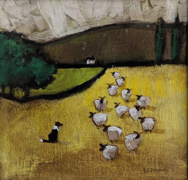 Original acrylic painting by David Alderman showing a sheepdog watching over a flock of Lakeland sheep