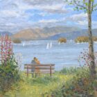 Print by Lake District artist Jeff Sudders. Admiring the View from Bowness - A couple sit on a bench in the popular tourist town overlooking Windermere