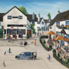 lake district art by anne blundell featuring hawkshead near windermere and its famous honeypot shop in a quirky style with bright colours and busy populated foreground