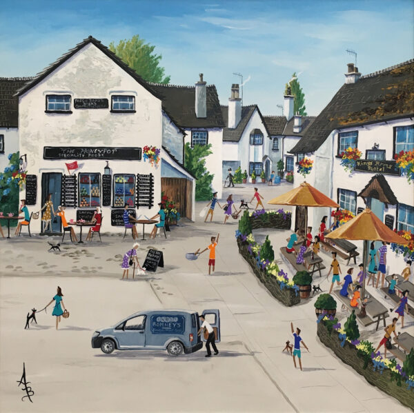 lake district art by anne blundell featuring hawkshead near windermere and its famous honeypot shop in a quirky style with bright colours and busy populated foreground