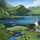 quirky contemporary lake district art by anne blundell featuring a landscape scene and a pastoral countryside agricultural activity of sheep shearing with bold blues and greens