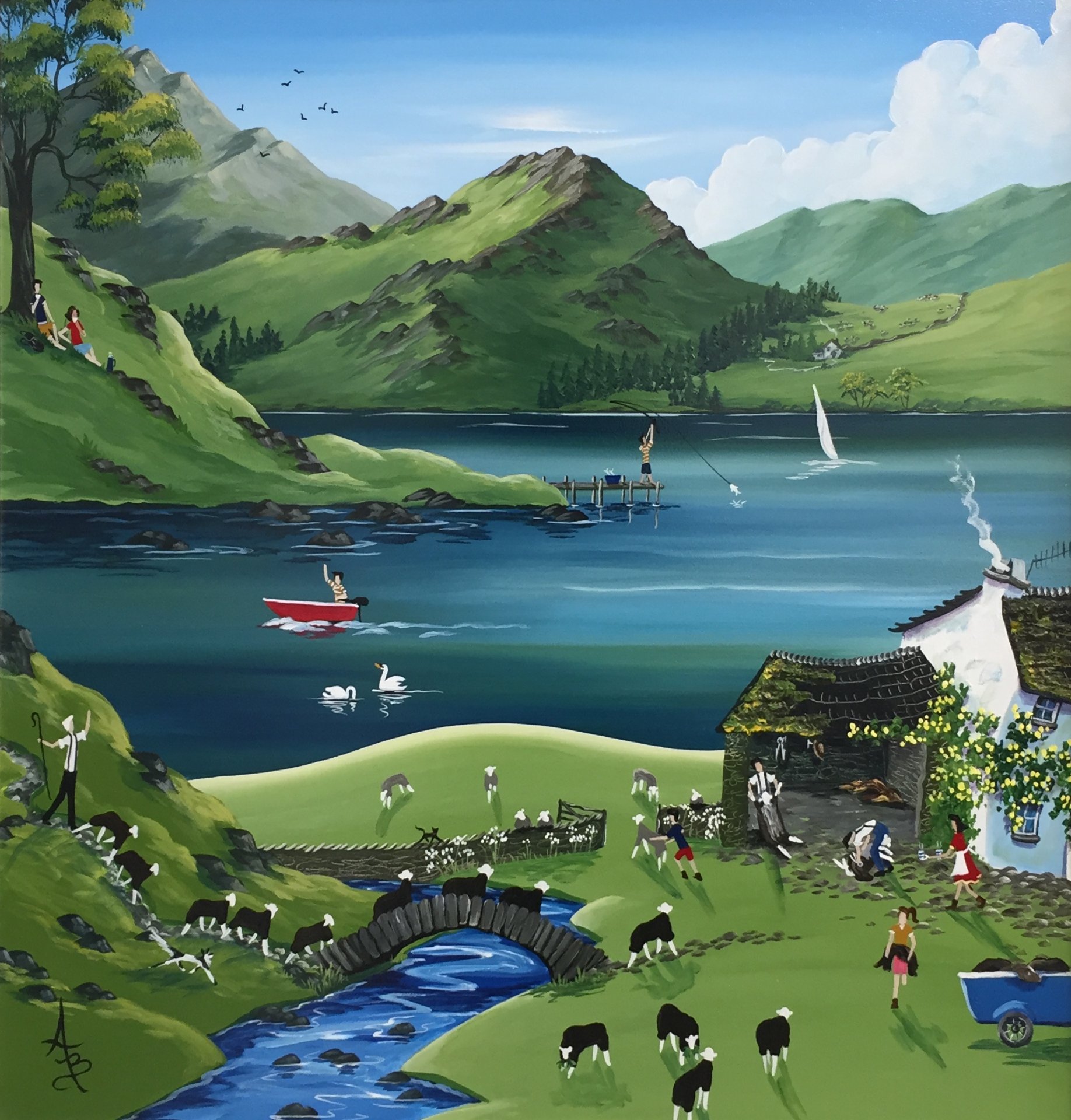 Anne Blundell - Shearing the Herdwicks quirky contemporary lake district art by anne blundell featuring a landscape scene and a pastoral countryside agricultural activity of sheep shearing with bold blues and greens