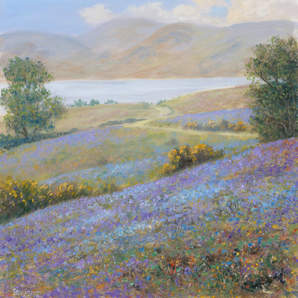 Print by Lake District artist Jeff Sudders. Bluebell Walk - Rannerdale is a beautiful Spring painting capturing the popular valley near Crummock Water and Buttermere.