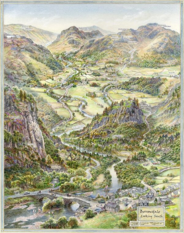 Borrowdale Looking South art print by Graham Twyford. An annotated art print become a fine art map of the popular valley near Derwentwater