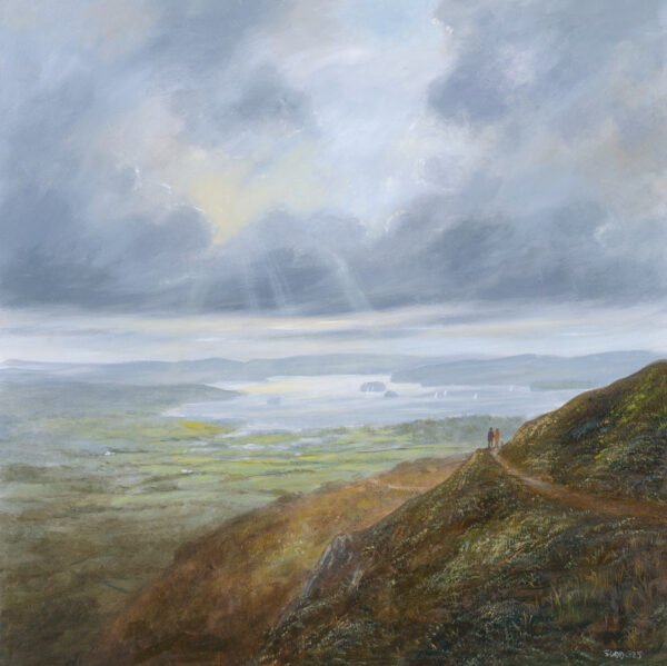 Lake District art print by artist Jeff Sudders Break in the clouds Windermere. A couple out walking their dog on a high mountain overlooking the large lake with a cloudy sky above