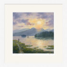 Lake District art framed print by local artist Jeff Sudders. Breaking Light over Catbells in a white frame.