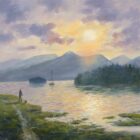 Print by Lake District artist Jeff Sudders. Breaking Light Over Catbells - A dog walker enjoying the beams of sunlight over Derwentwater.