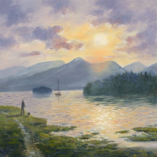 Print by Lake District artist Jeff Sudders. Breaking Light Over Catbells - A dog walker enjoying the beams of sunlight over Derwentwater.